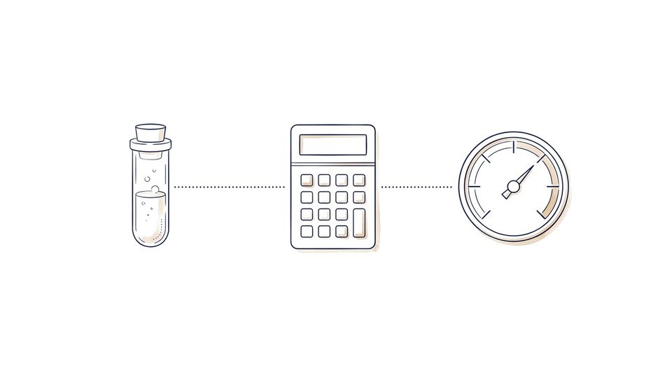 Editorial pen-line illustratie van een drie-stappen proces: vial, calculator, dial