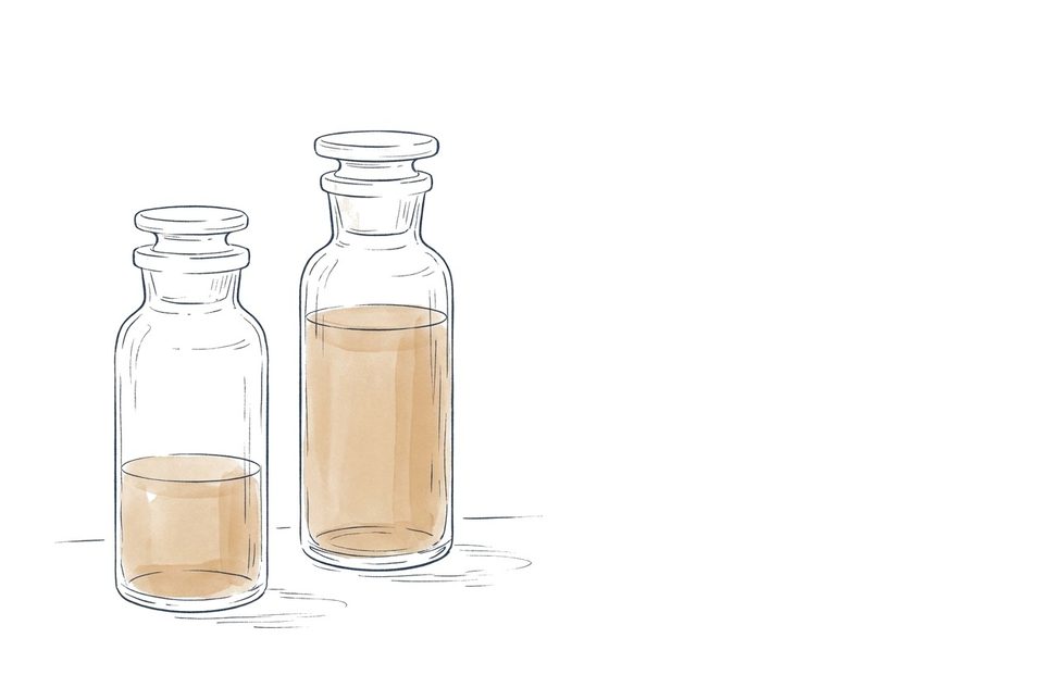 Editorial pen-line illustratie van twee labvials naast elkaar met verschillende vullingen
