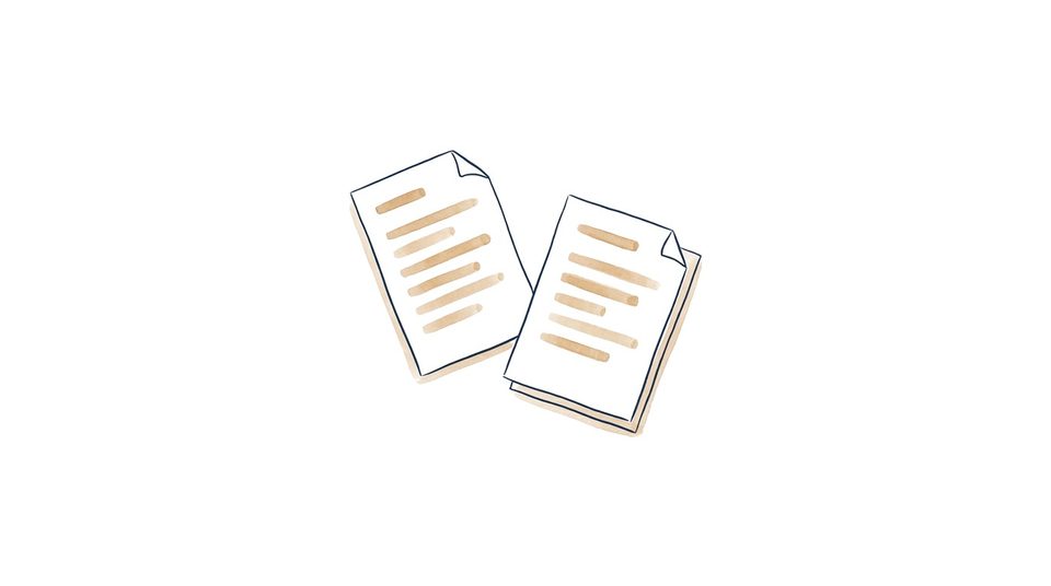Editorial pen-line illustratie van twee laboratorium-rapporten naast elkaar met tan-gewassen highlights