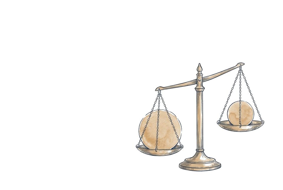 Editorial pen-line illustratie van een antieke balansweegschaal
