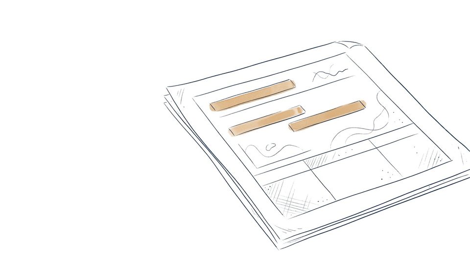 Editorial pen-line illustratie van een laboratorium-rapport met tan-gewassen highlight-bars